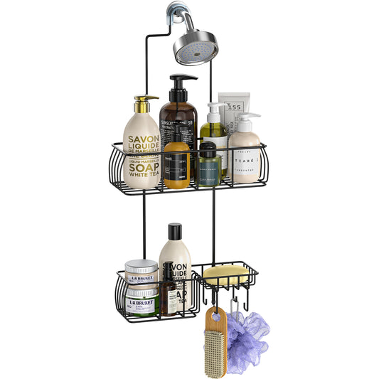 Epicano Shower Caddy Hanging, Anti-Swing Over Head Shower Caddy Rustproof with Hooks for Towels, Sponge and More, Matte Black