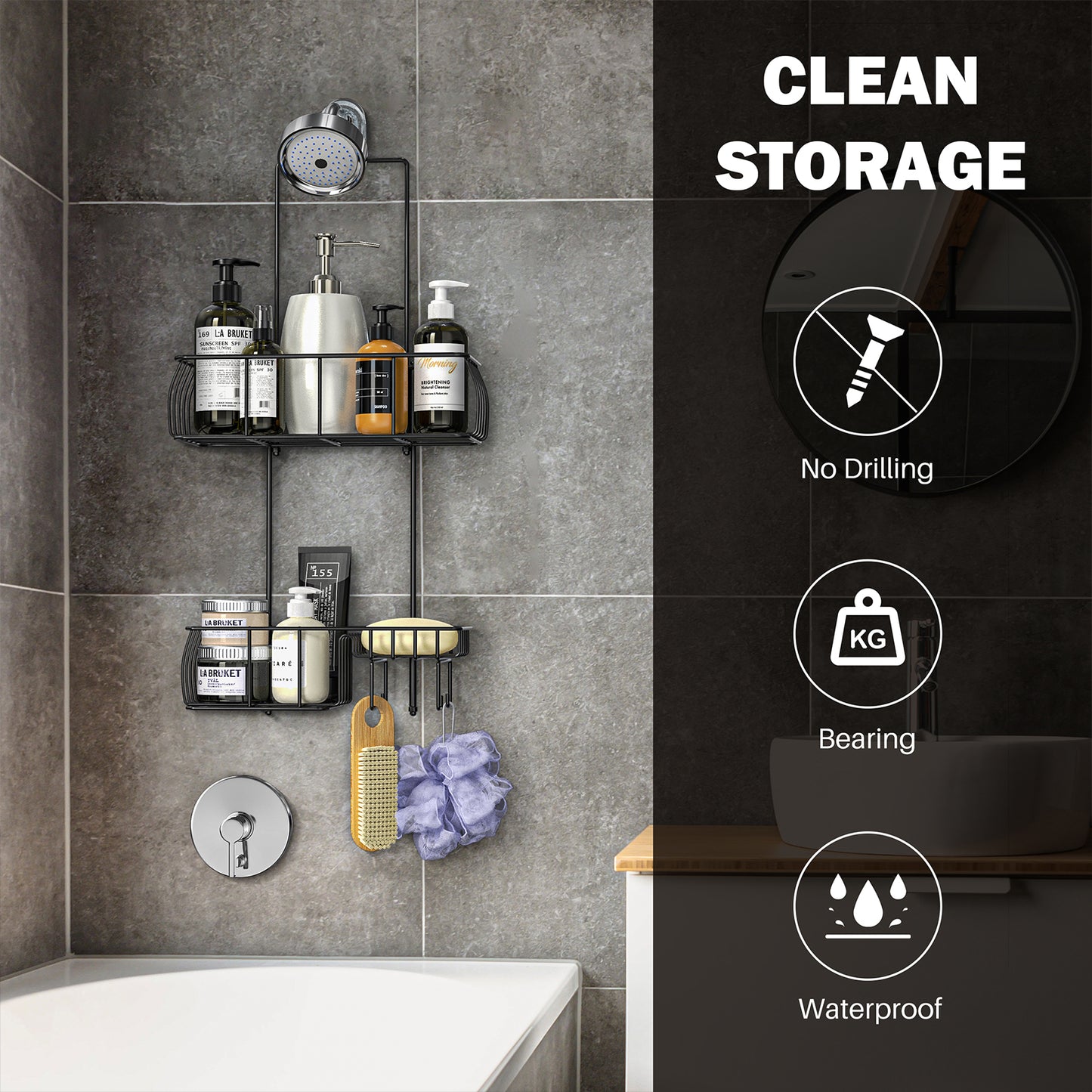 Epicano Shower Caddy Hanging, Anti-Swing Over Head Shower Caddy Rustproof with Hooks for Towels, Sponge and More, Matte Black