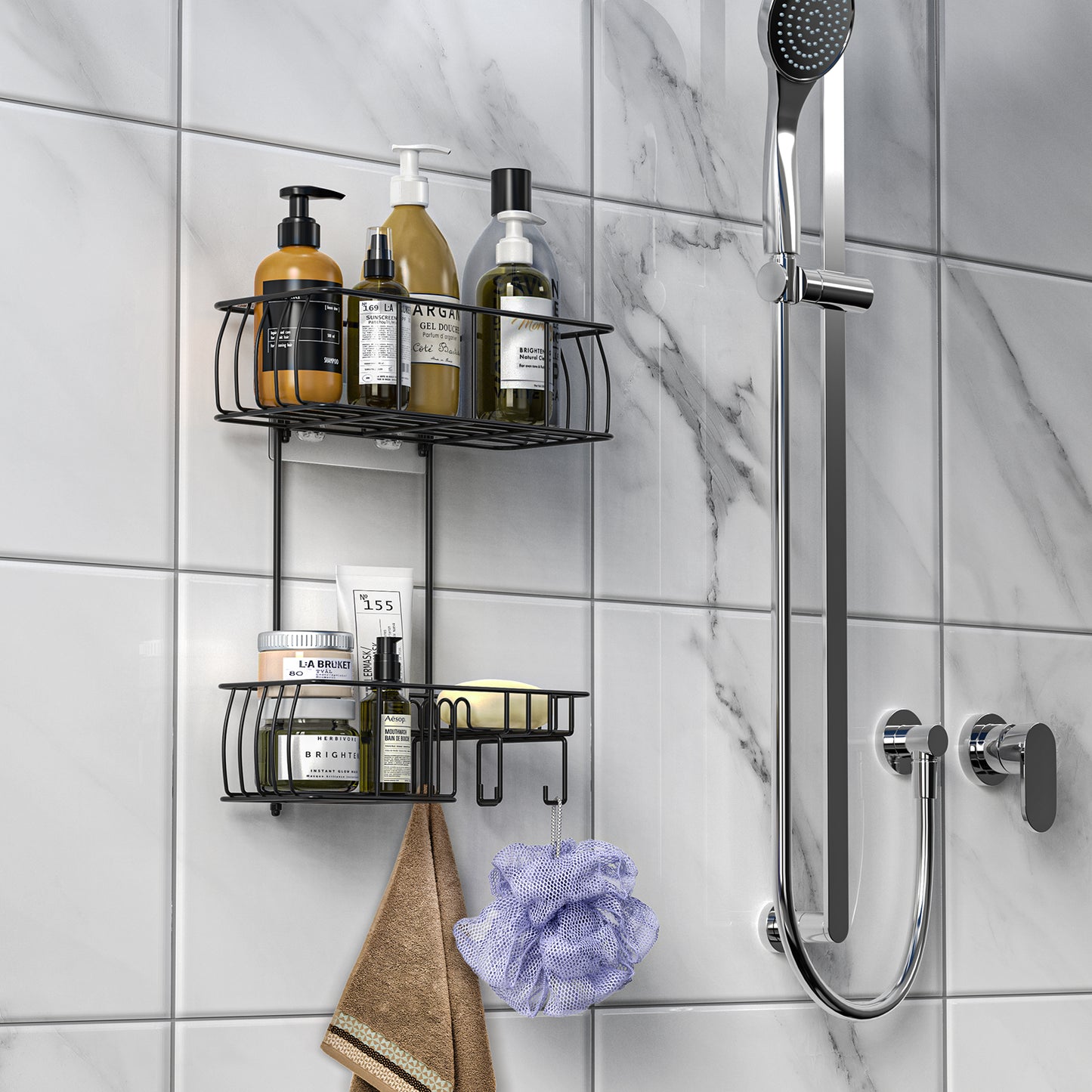 Epicano Shower Caddy Hanging, Anti-Swing Over Head Shower Caddy Rustproof with Hooks for Towels, Sponge and More, Matte Black